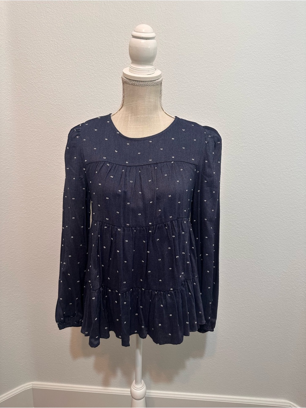 Blu Pepper Navy Long-Sleeve Tiered Dot Blouse